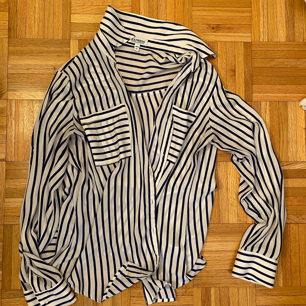 Navy and white striped shirt Size L Express with double pocket